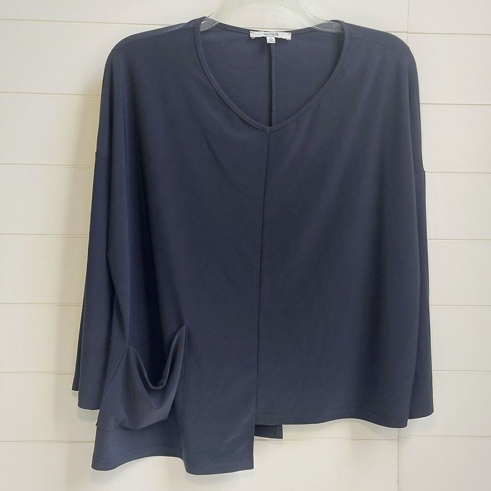 Sympli Asymmetrical 1-Pocket Tunic Top Women's 12 Black Draped Artsy Minimalist